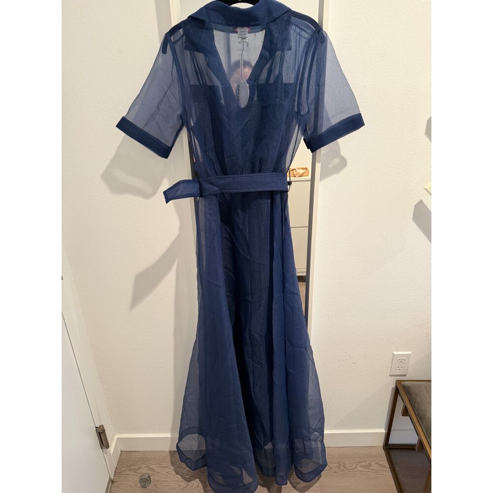 Staud Millie Organza Short-Sleeve Belted Maxi Shirtdress NWT 4 in navy - Picture 5 of 8